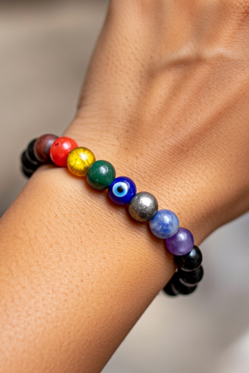 Super 9 Chakra Healing Bracelet with Pyrite & Evil Eye